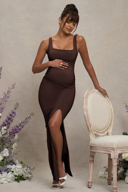 Avril | Vestido Largo de Maternidad Marrón con Escote Cuadrado y Abertura