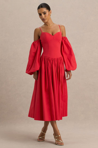 Macie | Vestido Midi Rojo con Escote en Corazón y Mangas Abullonadas