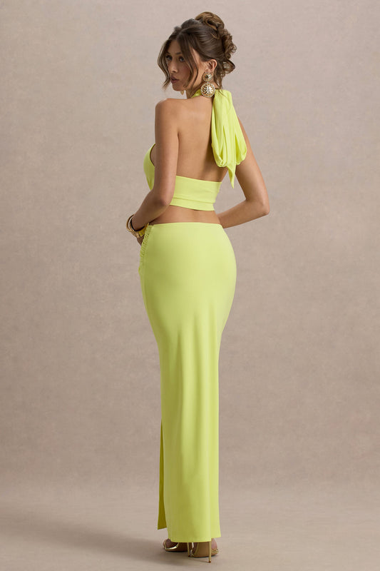 Aura | Vestido largo en Verde Lima con Escote Halter y detalles de aberturas