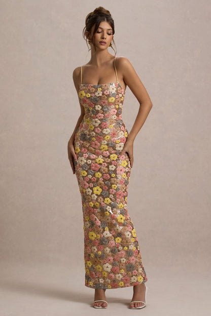 Vitora | Vestido largo con estampado floral en tonos pastel lentejuelas y escote cuadrado