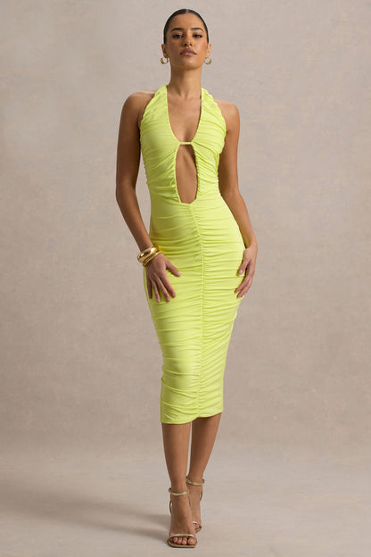Anaisa | Vestido midi verde lima con escote halter profundo