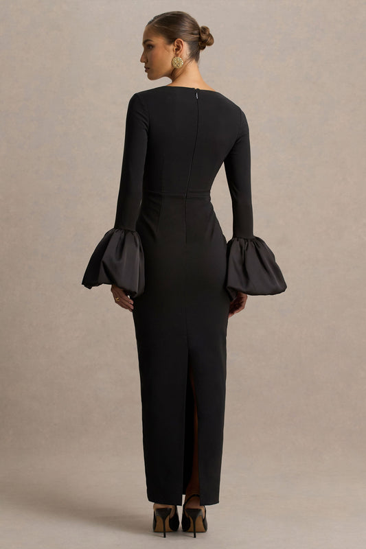 Retreat | Vestido largo negro con escote cuadrado y mangas campana de satén
