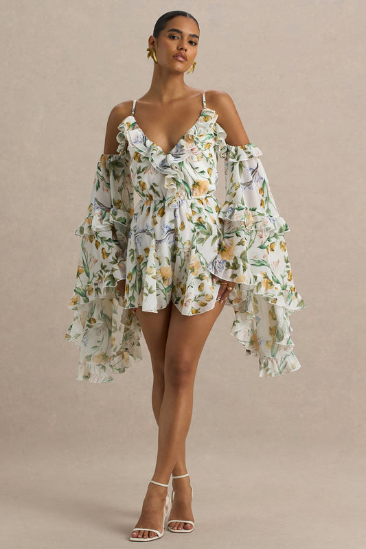 Anaya | Mono Corto De Gasa Con Estampado Floral En Color Limón Y Mangas Largas