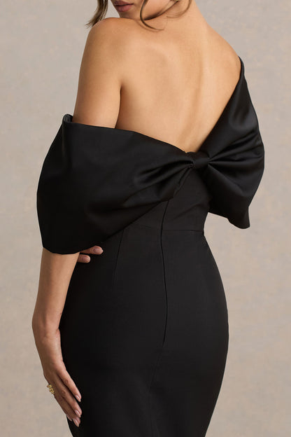 Lucille | Vestido midi negro con escote bardot asimétrico