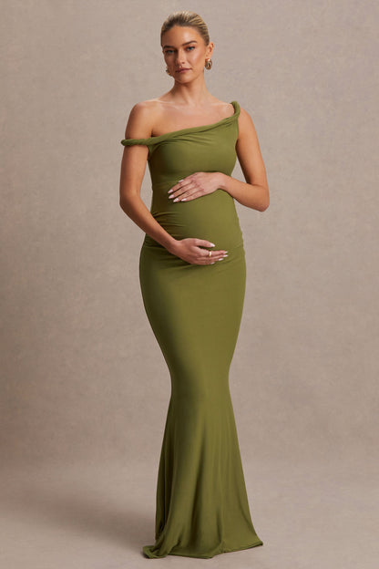 Lita | Vestido Largo premamá color oliva con escote asimétrico retorcido