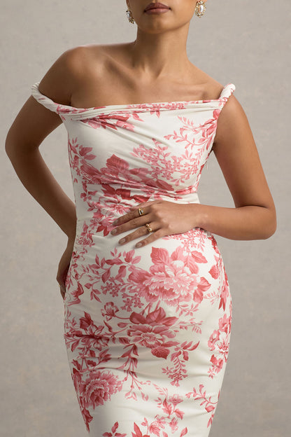 Salome | Vestido Midi de premamá con Estampado Floral Rosa y Escote Asimétrico Torcido