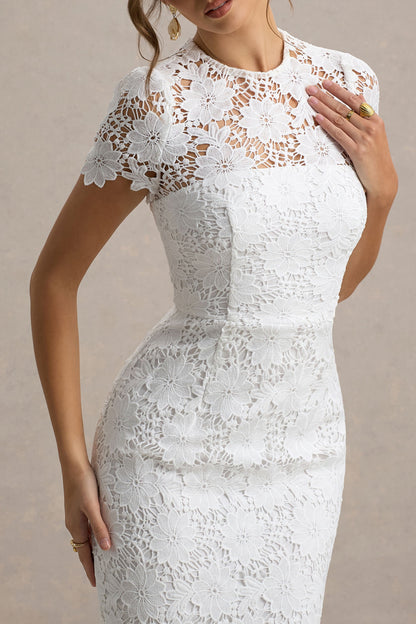 Clarissa | Vestido midi de encaje blanco con mangas cortas