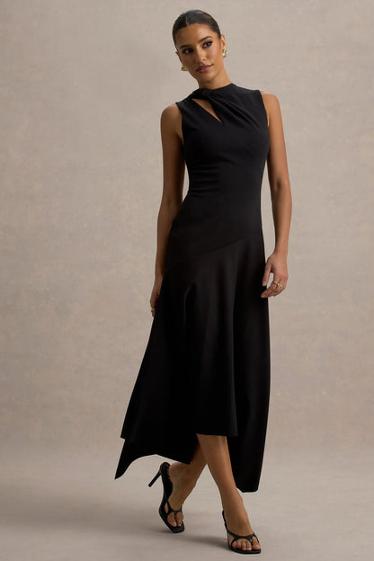 Francesca | Vestido Midi Negro con abertura en el hombro y bajo asimétrico
