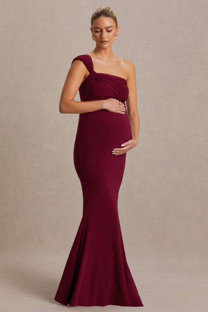 Mila | Vestido Largo Burdeos con Escote Asimétrico