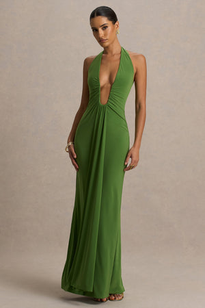 Hera | Vestido Largo Verde con Escote profundo y detalles plisado