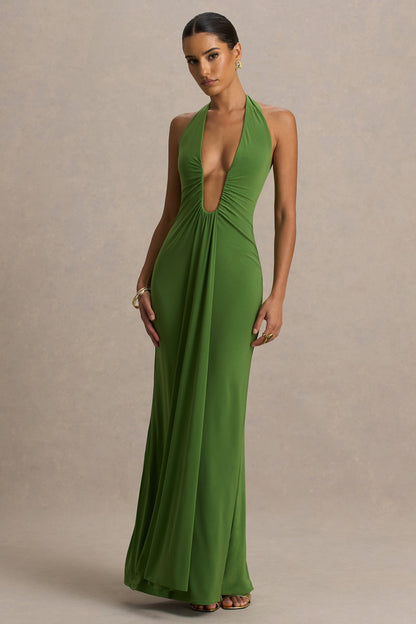 Hera | Vestido Largo Verde con Escote profundo y detalles plisado