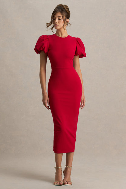 Dakota |  Vestido midi rojo con mangas abullonadas