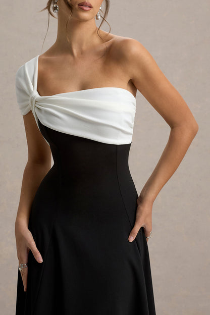 Malta | Vestido Midi Blanco y Negro con Un Solo Hombro