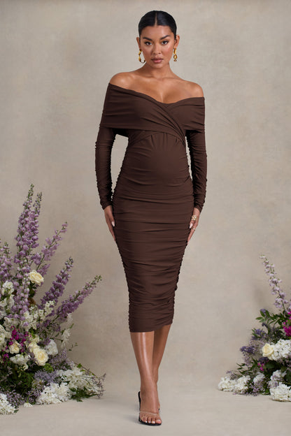Davina | Vestido Midi de Maternidad Marrón con Escote Bardot y Fruncidos