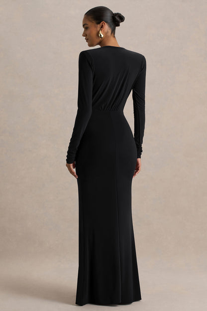 Flashy | Vestido Largo negro con escote pronunciado y detalles fruncidos
