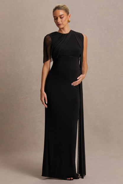 Amelise | Vestido Largo Negro con Escote Alto, Manga Tipo Capa de Tul y Detalle de Fajín