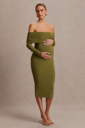 Elspeth | Vestido Midi Premamá con Escote Bardot, Color Oliva