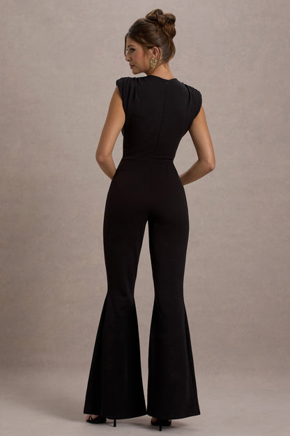 Elyna | Mono negro con hombros fruncidos y pantalones acampanados