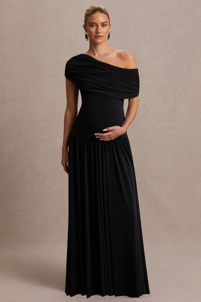 Noah | Vestido Largo Negro con Escote Asimétrico y Cintura Caída