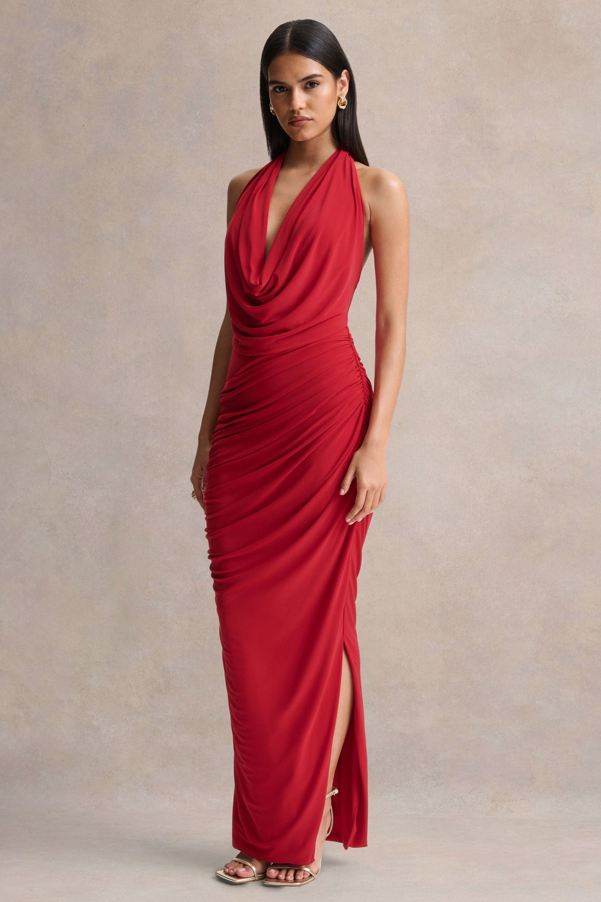 Cairo | Vestido Largo Rojo con Cuello Drapeado y Detalle Fruncido