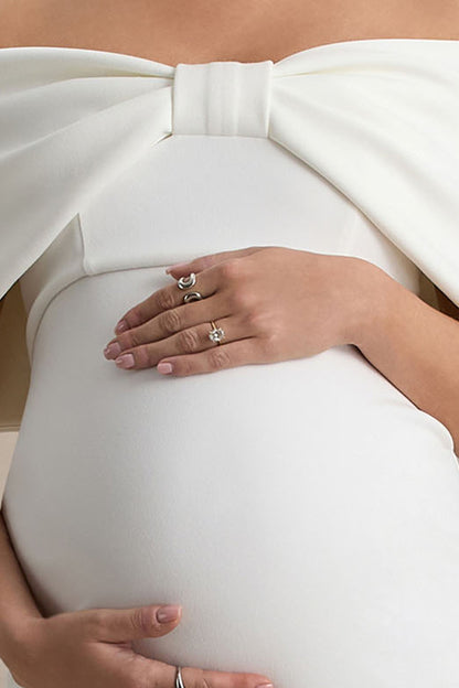 Droplet | Vestido Midi de Premamá Blanco con Lazo y Escote Bardot