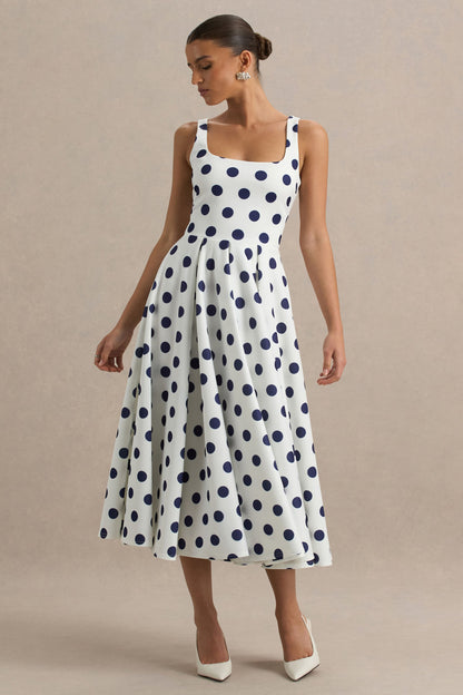 Berta | Vestido midi con escote cuadrado y falda volumen de lunares azul marino