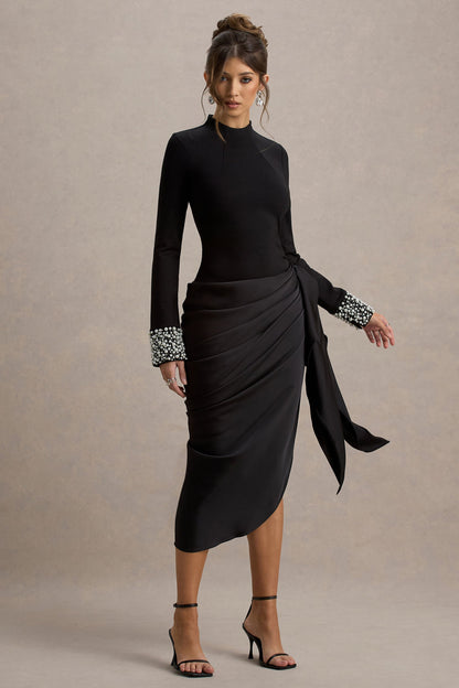 Luanna | Vestido Midi Negro de Satén con Mangas Largas y Falda Drapada