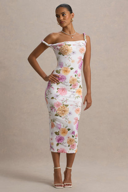 Nora | Vestido midi ajustado con escote asimétrico con detalle torcido con estampado floral