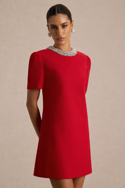 Jackie | Vestido Corto Rojo de Cuello Alto Adornado