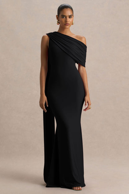Zendaya | Vestido Largo Negro con Escote Asimétrico Cola de Pez y Detalle de Capa