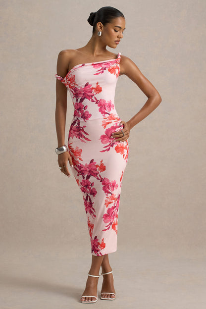 Tatian | Vestido midi entallado con escote asimétrico y estampado floral rosado
