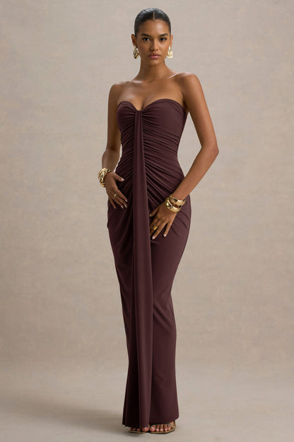 Ali | Vestido largo Marrón con escote corazón y detalles fruncidos