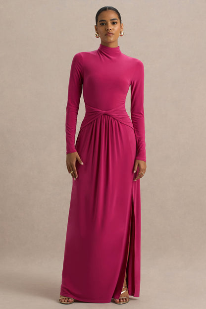 Hourglass | Vestido Largo Fucsia de Manga Larga con Escote alto, Detalle Cruzado en la Cintura y Abertura Frontal