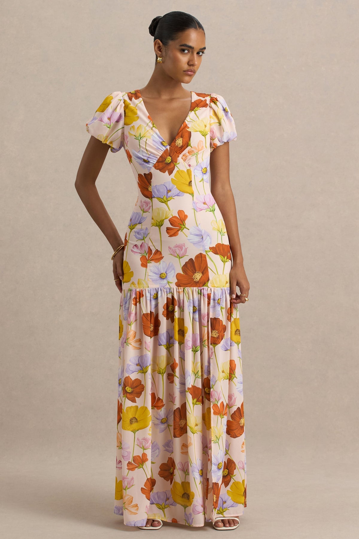 Ginny | Vestido largo con estampado floral y mangas cortas abullonadas