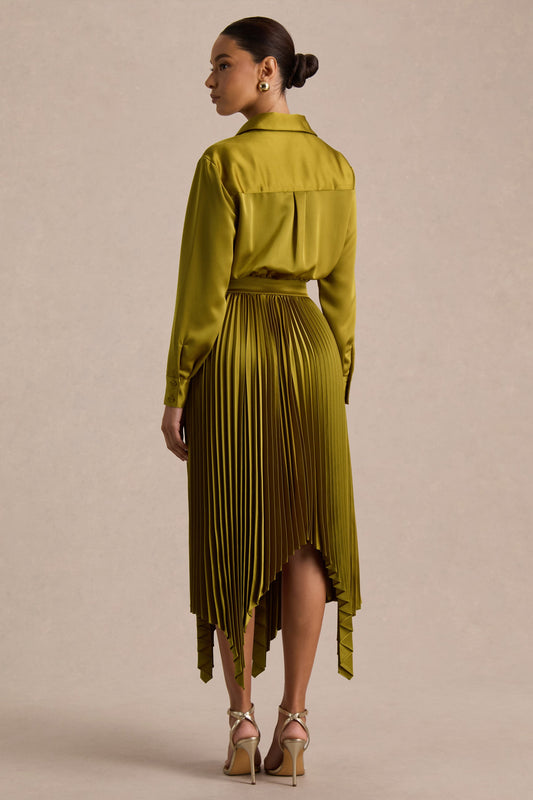 Naxos | Vestido Largo Camisero de Satén Color Oliva