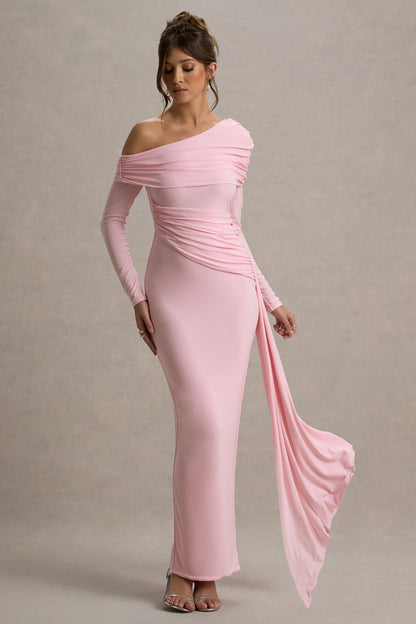Valina | Vestido largo rosa con mangas largas y drapeado lateral