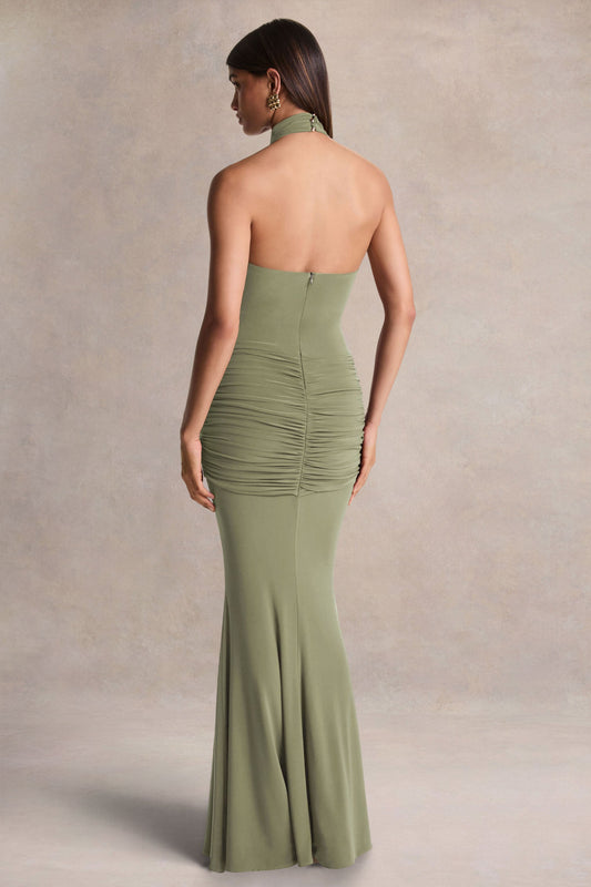 Hyla | Vestido Largo Verde con Escote Alto y Detalle de Fajín