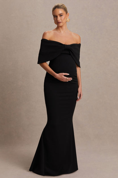 Libra | Vestido largo premamá con lazo negro y escote bardot
