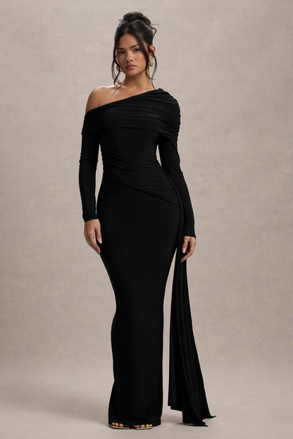 Valina | Vestido largo negro con escote asimétrico y drapeado