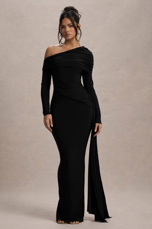 Valina | Vestido largo negro con escote asimétrico y drapeado