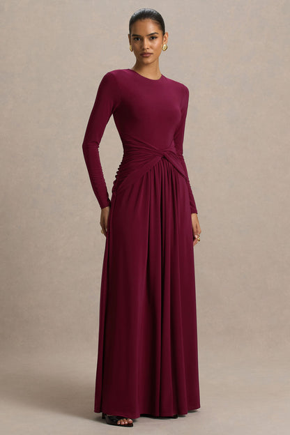 Estrella | Vestido Largo en tono berry con cuello alto y detalle fruncido