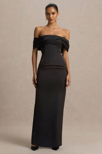 Valeria | Vestido largo de satén negro con escote Bardot retorcido
