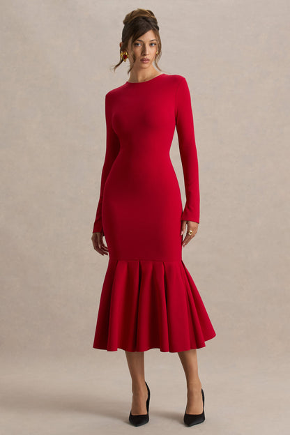 Liberty | Vestido midi rojo con mangas largas y bajo con volante