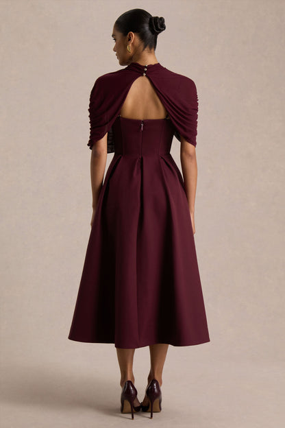 Thalia | Vestido midi burdeos con cuello alto y capa de malla transparente