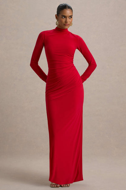 Alluring | Vestido largo Rojo de Cuello Alto con Detalles Fruncidos