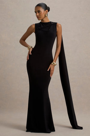Mia | Vestido largo negro con escote barco y detalle de cinta