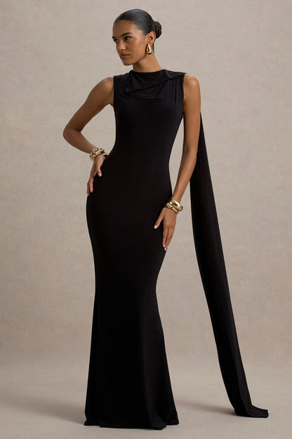 Mia | Vestido largo negro con escote barco y detalle de cinta