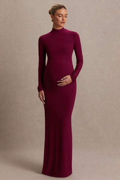 Alejandra | Vestido Largo premamá en burdeos con manga larga y escote alto