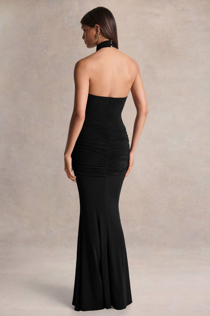Hyla | Vestido Largo Negro con Escote Alto y Detalle de Fajín