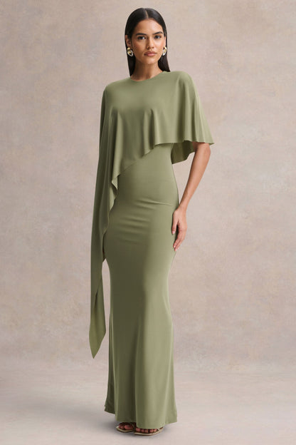 Ravena | Vestido Largo Verde Oliva de Cuello Redondo con Manga de Capa Asimétrica